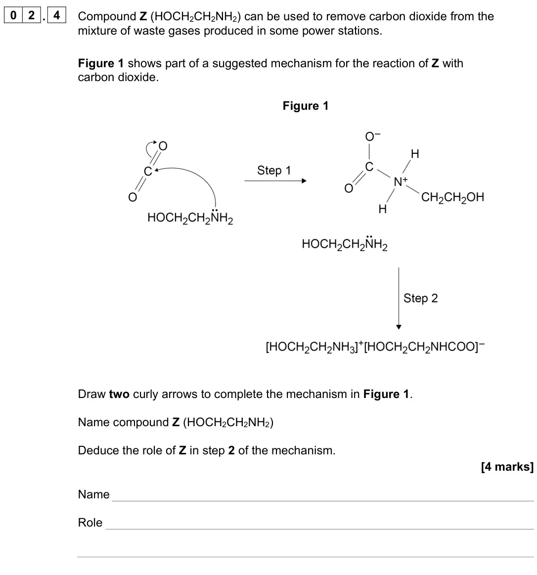 November 2021 Paper 2, question 02.4: Compound Z (HOCH2CH2NH2) can be used to remove carbon dioxide from the mixture of waste gases produced in some power stations. Figure 1 shows part of a suggeste