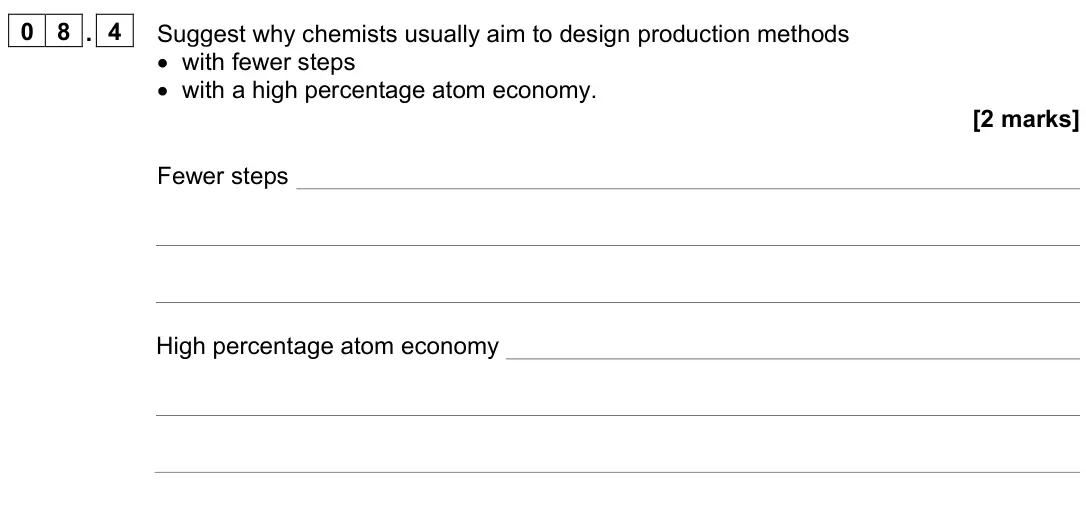 November 2021 Paper 2, question 08.4: Suggest why chemists usually aim to design production methods • with fewer steps • with a high percentage atom economy. [2 marks] Fewer steps High percentage at