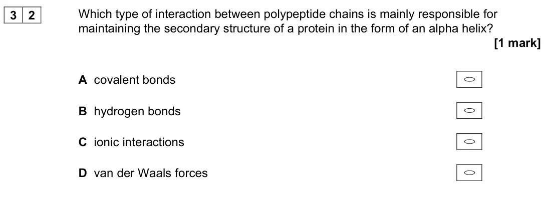 June 2022 Paper 3, question 32: Which type of interaction between polypeptide chains is mainly responsible for maintaining the secondary structure of a protein in the form of an alpha helix? [