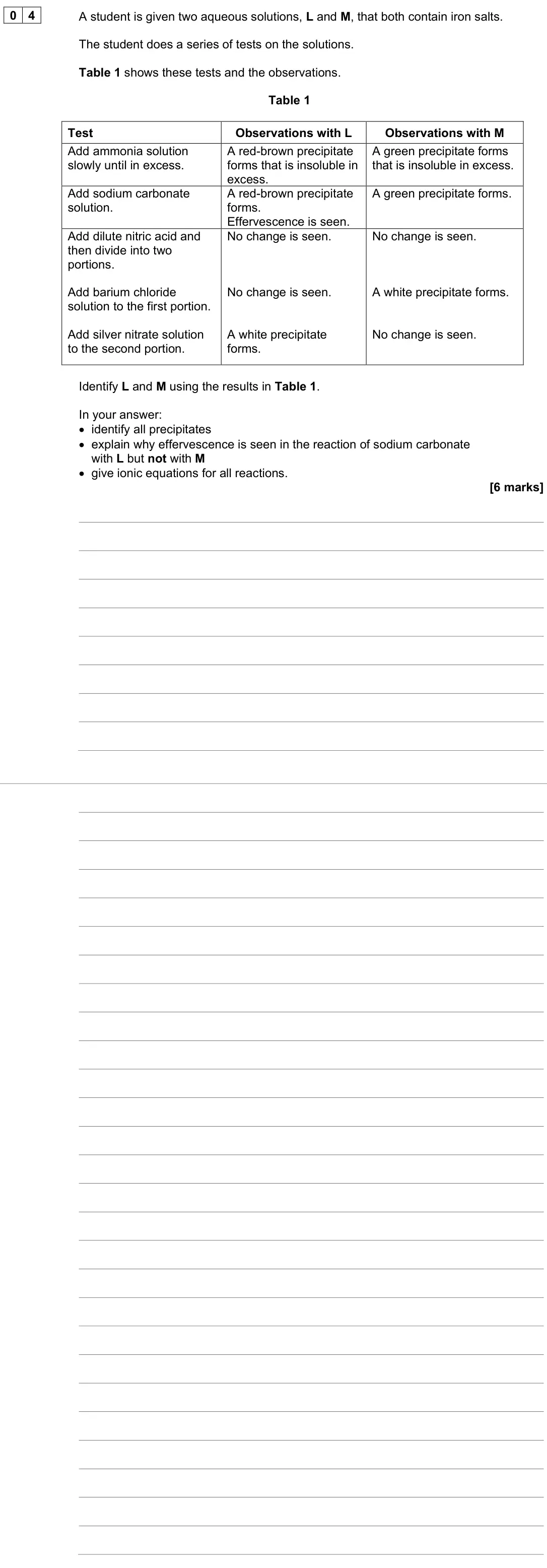 June 2023 Paper 3, question 04: A student is given two aqueous solutions, L and M, that both contain iron salts. The student does a series of tests on the solutions. Table 1 shows these tests