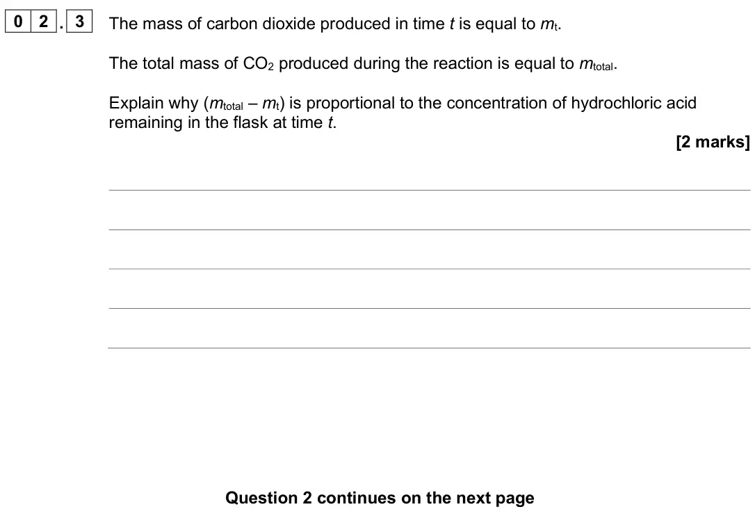 June 2024 Paper 3, question 02.3: The mass of carbon dioxide produced in time t is equal to mt. The total mass of CO2 produced during the reaction is equal to mtotal. Explain why (mtotal – mt) i