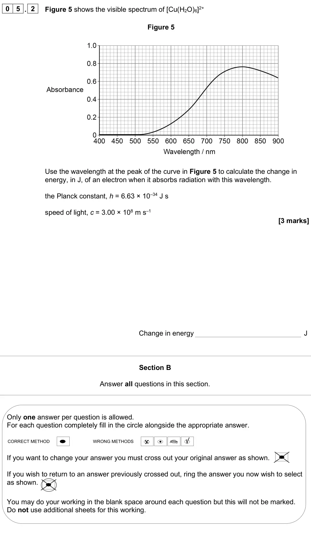 June 2024 Paper 3, question 05.2: Figure 5 shows the visible spectrum of [Cu(H2O)6]2+ Figure 5 Use the wavelength at the peak of the curve in Figure 5 to calculate the change in energy, in J, of
