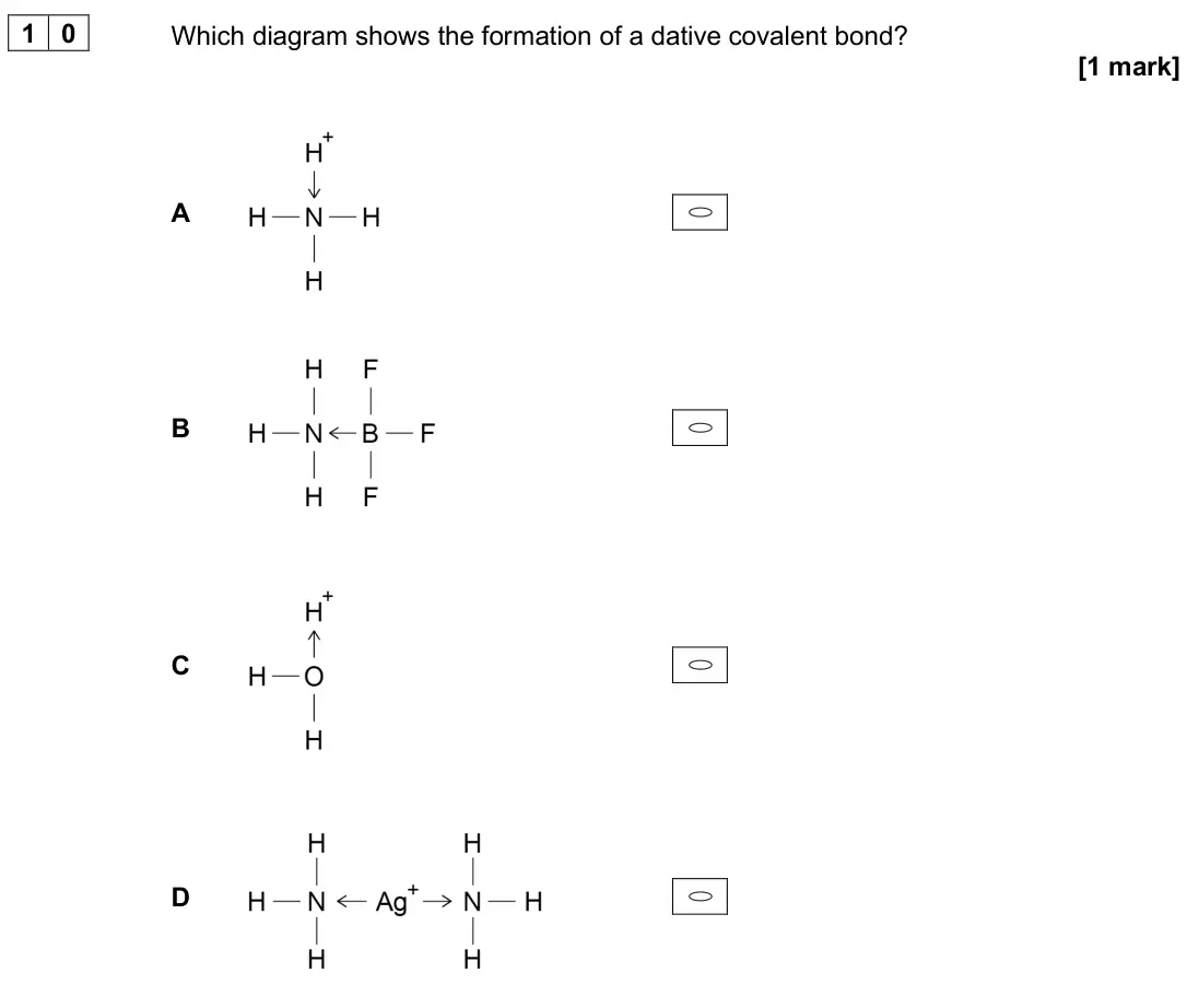 June 2024 Paper 3, question 10: Which diagram shows the formation of a dative covalent bond? [1 mark] A B C D