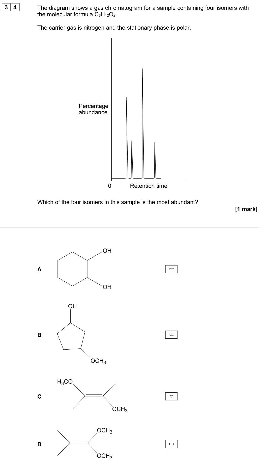 June 2024 Paper 3, question 34: The diagram shows a gas chromatogram for a sample containing four isomers with the molecular formula C6H12O2 The carrier gas is nitrogen and the stationary phas