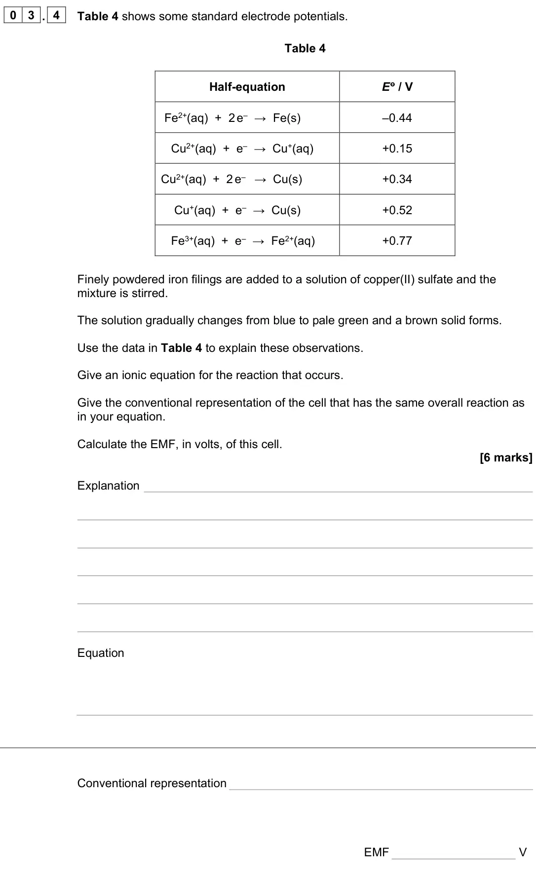 June 2025 Paper 3, question 03.4: Table 4 shows some standard electrode potentials. Table 4 Half-equation E o / V Fe2+(aq) + 2 e– → Fe(s) –0.44 Cu2+(aq) + e– → Cu+(aq) +0.15 Cu2+(aq) + 2 e– → Cu