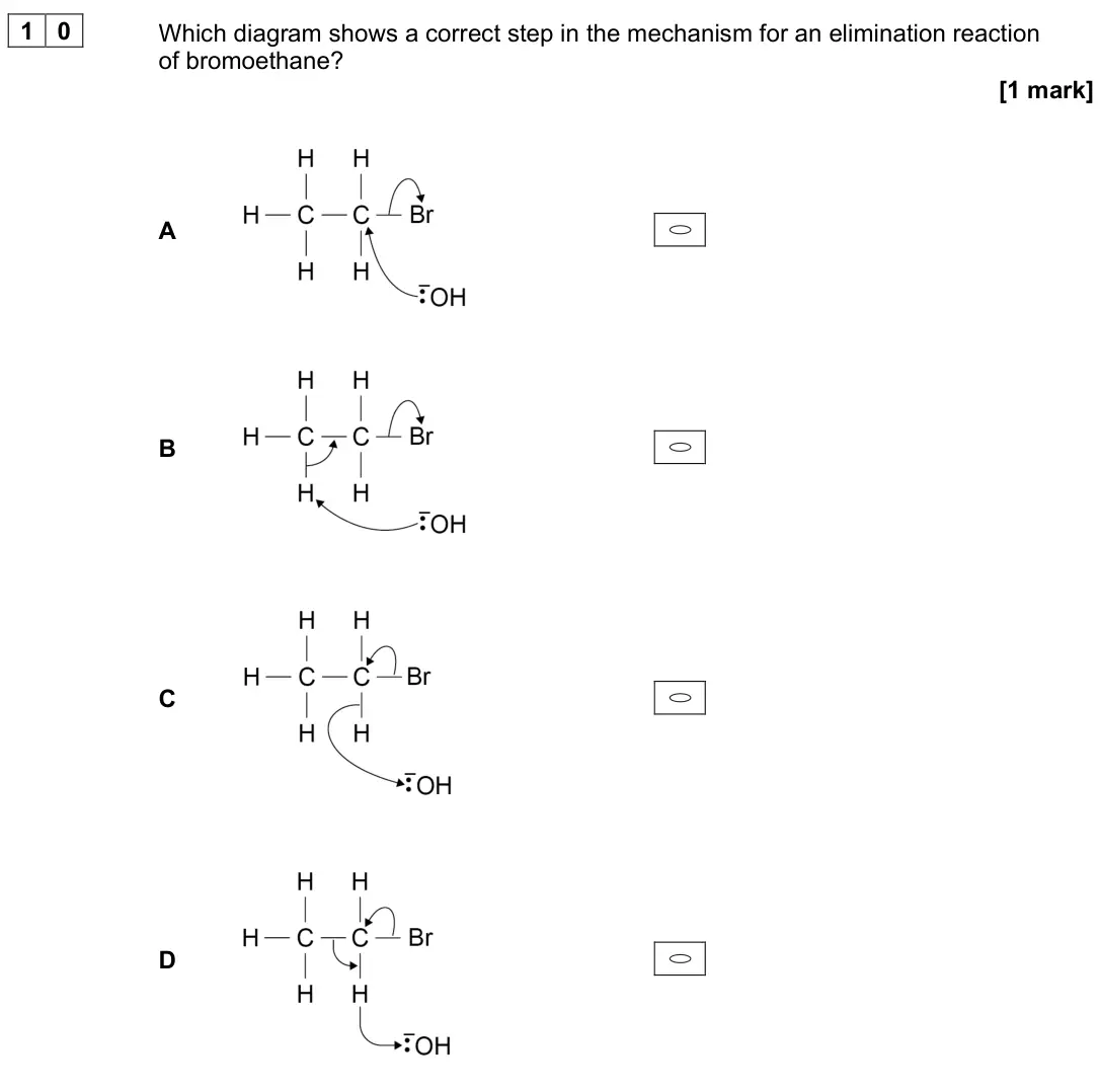 June 2025 Paper 3, question 10: Which diagram shows a correct step in the mechanism for an elimination reaction of bromoethane? [1 mark] A B C D