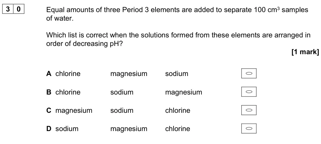 June 2025 Paper 3, question 30: Equal amounts of three Period 3 elements are added to separate 100 cm3 samples of water. Which list is correct when the solutions formed from these elements are