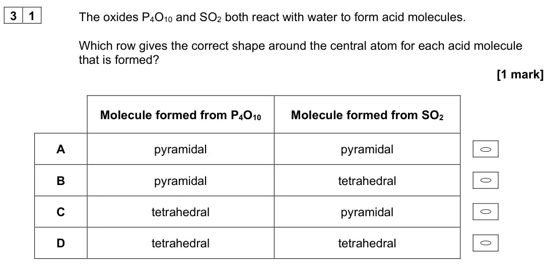 June 2025 Paper 3, question 31: The oxides P4O10 and SO2 both react with water to form acid molecules. Which row gives the correct shape around the central atom for each acid molecule that is