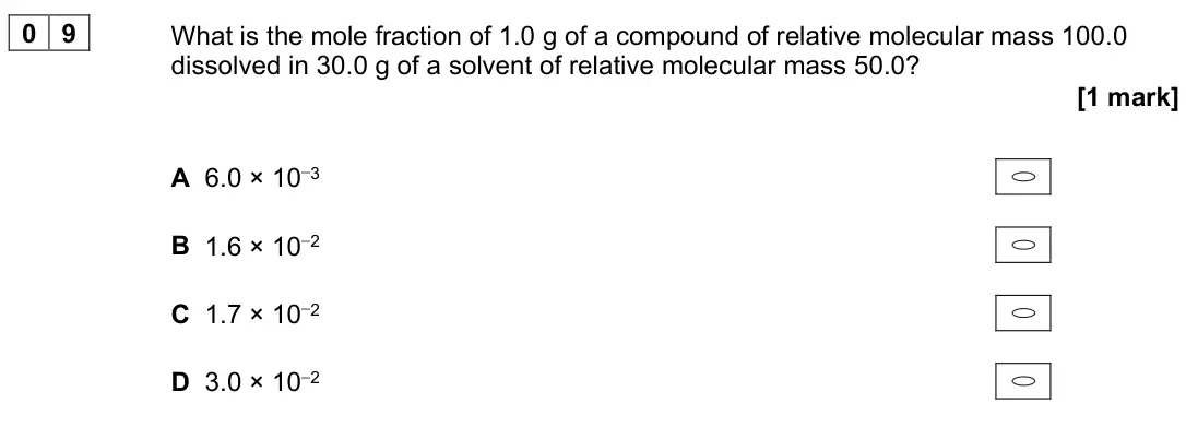 November 2021 Paper 3, question 09: What is the mole fraction of 1.0 g of a compound of relative molecular mass 100.0 dissolved in 30.0 g of a solvent of relative molecular mass 50.0? [1 mark] A 6