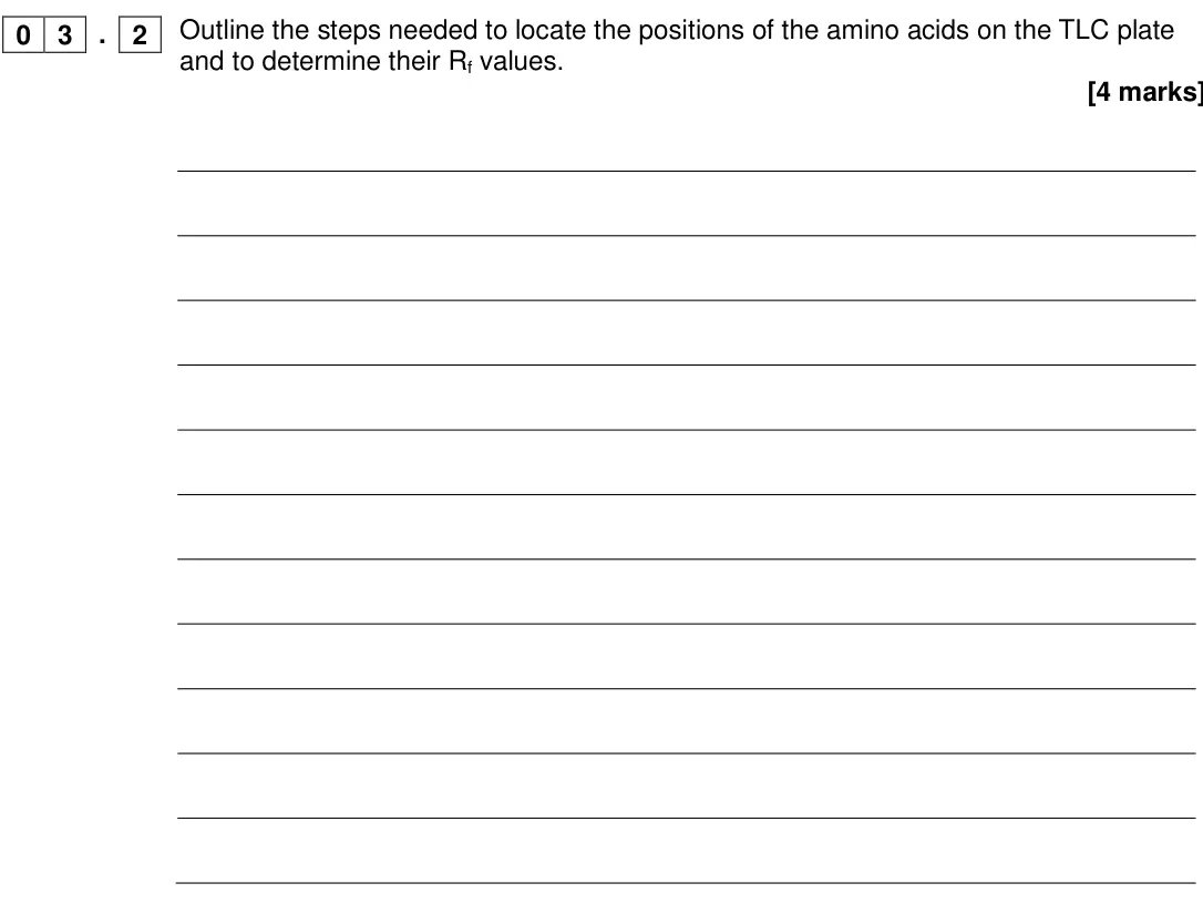 Specimen Paper 3, question 03.2: Outline the steps needed to locate the positions of the amino acids on the TLC plate and to determine their Rf values. [4 marks] 0 3 . 2