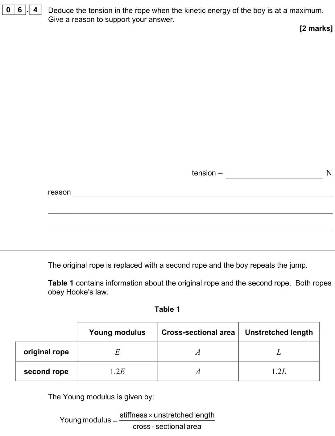 June 2024 AS Paper 1, question 06.4: Deduce the tension in the rope when the kinetic energy of the boy is at a maximum. Give a reason to support your answer. [2 marks] tension = N reason The origin
