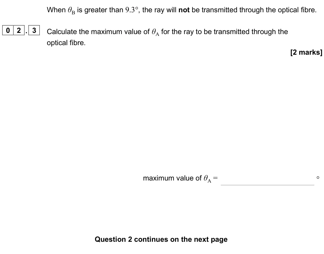 June 2025 AS Paper 1, question 02.3: Calculate the maximum value of θA for the ray to be transmitted through the optical fibre. [2 marks] maximum value of θA = °