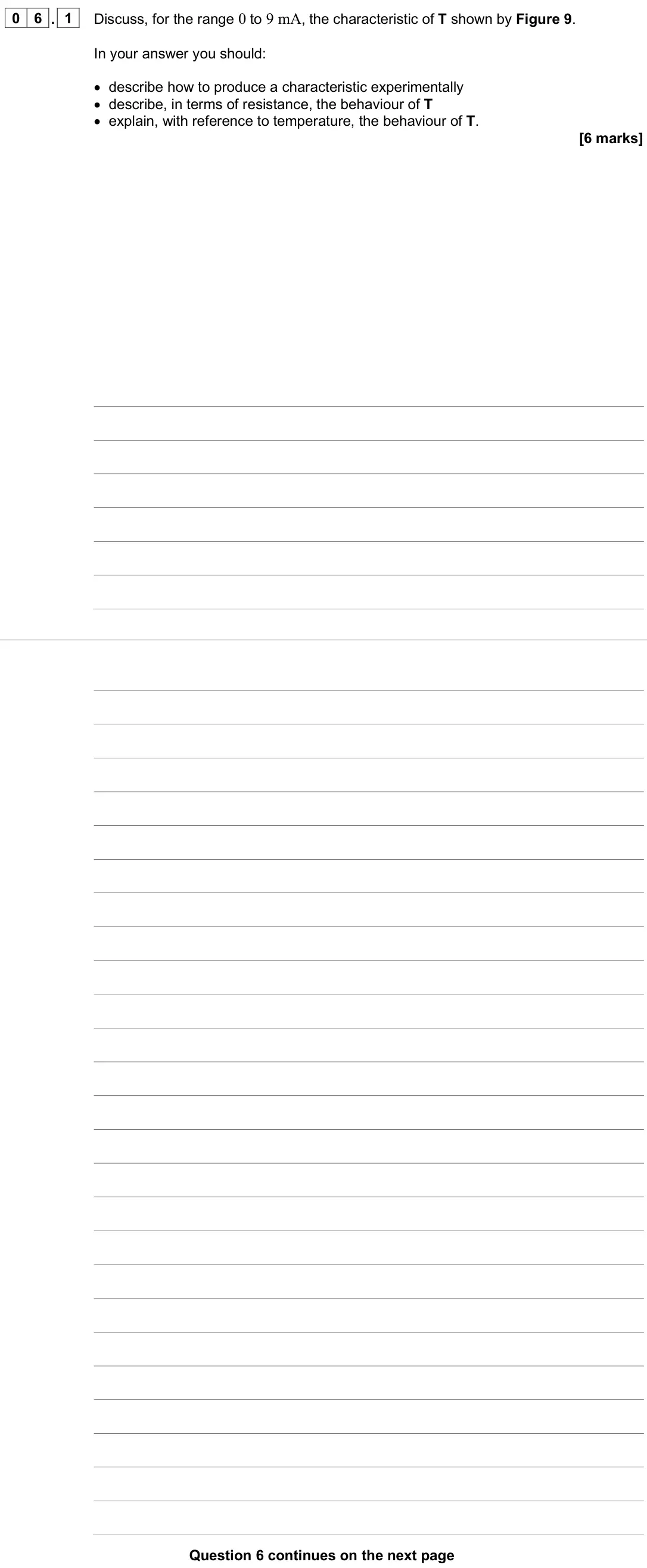 June 2025 AS Paper 1, question 06.1: Discuss, for the range 0 to 9 mA, the characteristic of T shown by Figure 9. In your answer you should: • describe how to produce a characteristic experimentall