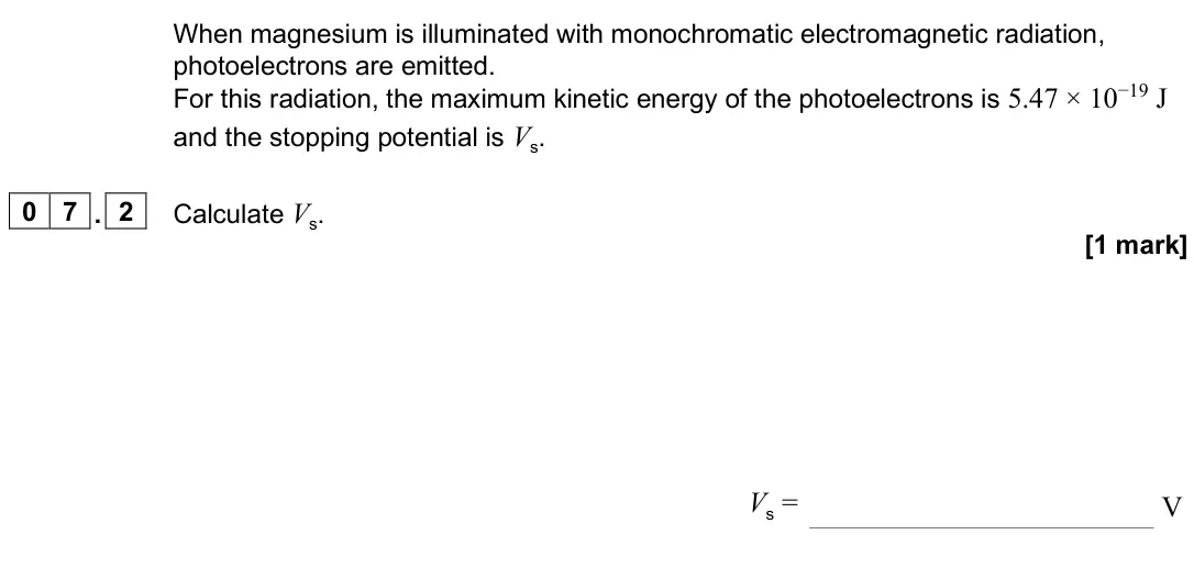 June 2025 AS Paper 1, question 07.2: Calculate Vs. [1 mark] Vs = V
