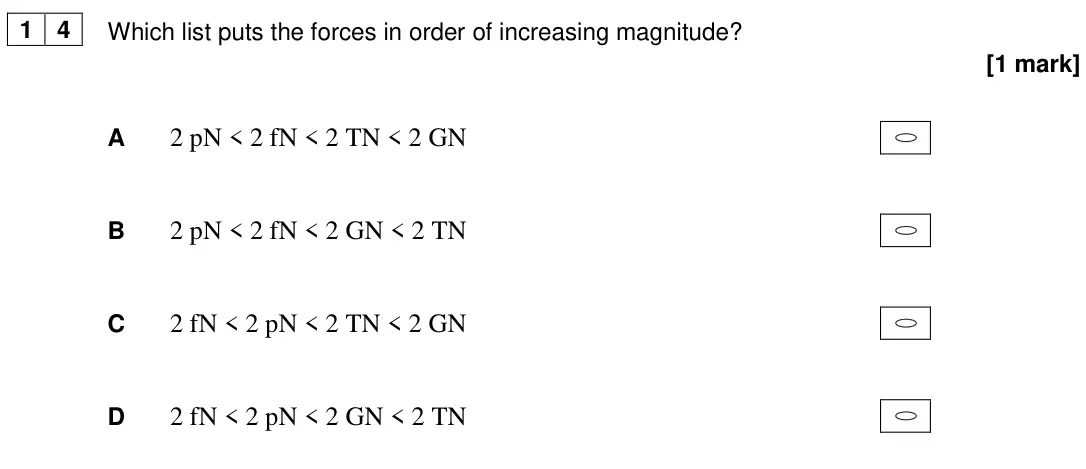 June 2018 AS Paper 2, question 14: Which list puts the forces in order of increasing magnitude? [1 mark] A 2 pN < 2 fN < 2 TN < 2 GN B 2 pN < 2 fN < 2 GN < 2 TN C 2 fN < 2 pN < 2 TN < 2 GN D 2 fN