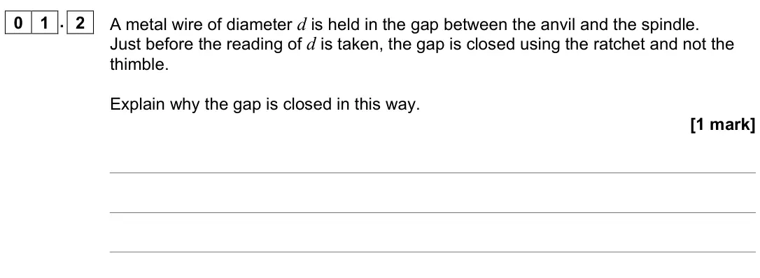 June 2023 AS Paper 2, question 01.2: A metal wire of diameter d is held in the gap between the anvil and the spindle. Just before the reading of d is taken, the gap is closed using the ratchet and 
