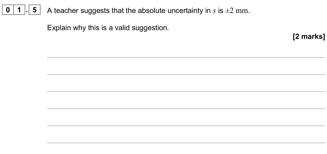June 2024 AS Paper 2, question 01.5: A teacher suggests that the absolute uncertainty in s is ±2 mm. Explain why this is a valid suggestion. [2 marks]