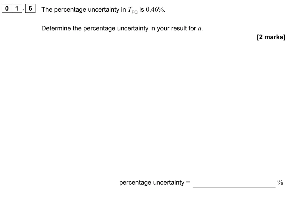June 2024 AS Paper 2, question 01.6: The percentage uncertainty in TPQ is 0.46%. Determine the percentage uncertainty in your result for a. [2 marks] percentage uncertainty = %