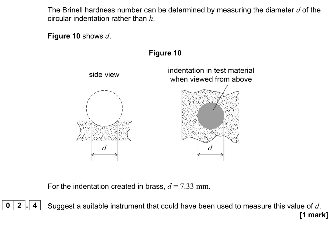 June 2024 AS Paper 2, question 02.4: Suggest a suitable instrument that could have been used to measure this value of d. [1 mark]