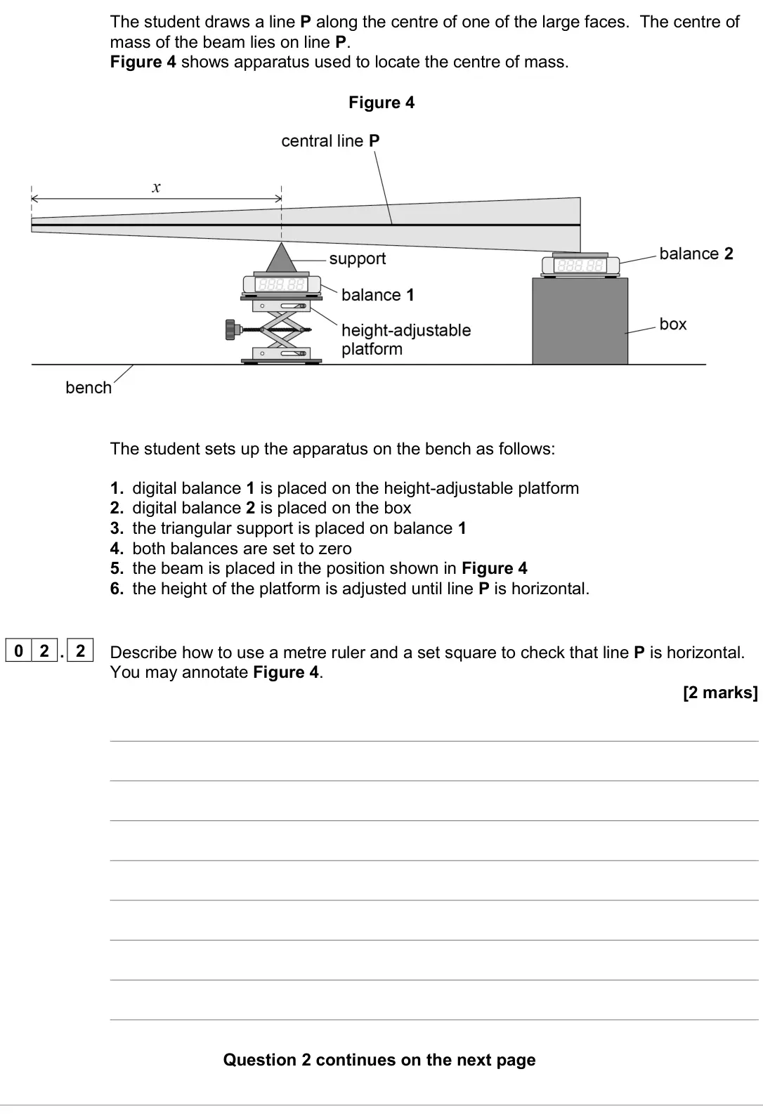 June 2025 AS Paper 2, question 02.2: Describe how to use a metre ruler and a set square to check that line P is horizontal. You may annotate Figure 4. [2 marks]