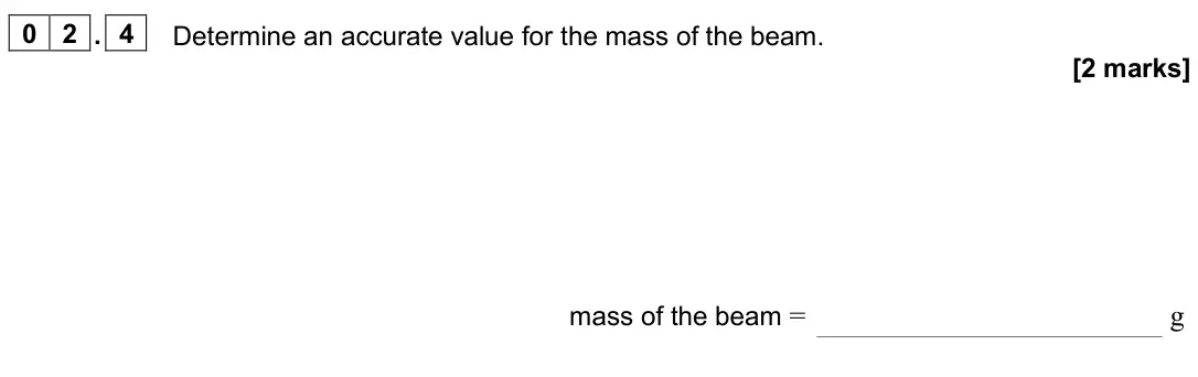June 2025 AS Paper 2, question 02.4: Determine an accurate value for the mass of the beam. [2 marks] mass of the beam = g