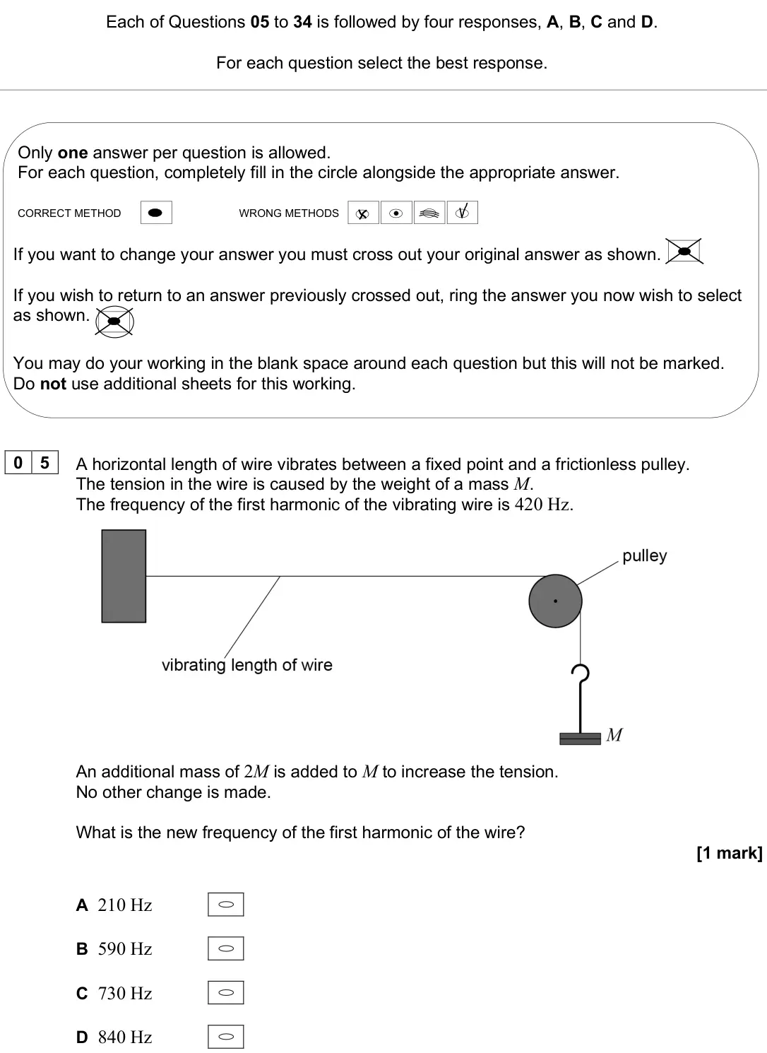 June 2025 AS Paper 2, question 05: [multiple choice] A horizontal length of wire vibrates between a fixed point and a frictionless pulley. The tension in the wire is caused by the weight of a mas