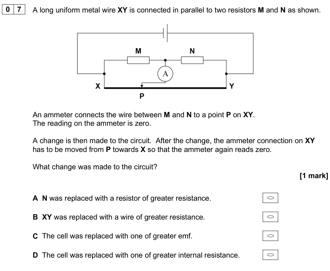 June 2025 AS Paper 2, question 07: A long uniform metal wire XY is connected in parallel to two resistors M and N as shown. An ammeter connects the wire between M and N to a point P on XY. The re