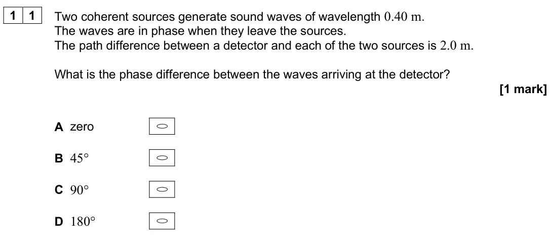 June 2025 AS Paper 2, question 11: Two coherent sources generate sound waves of wavelength 0.40 m. The waves are in phase when they leave the sources. The path difference between a detector and e