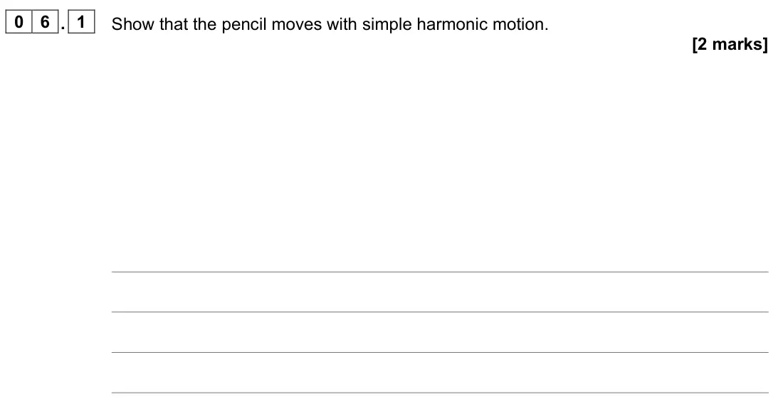 June 2023 Paper 1, question 06.1: Show that the pencil moves with simple harmonic motion. [2 marks]