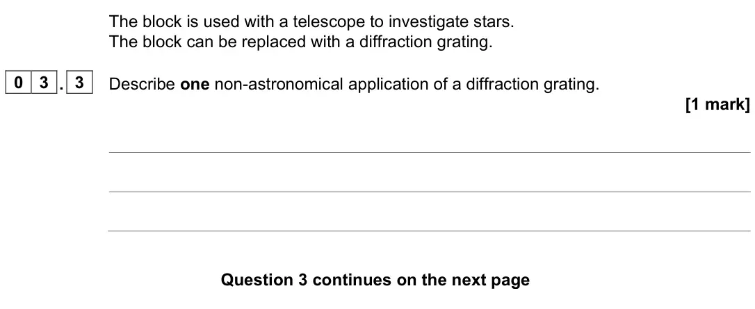 June 2024 Paper 1, question 03.3: Describe one non-astronomical application of a diffraction grating. [1 mark]