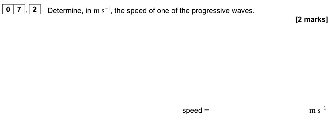 June 2024 Paper 1, question 07.2: Determine, in m s−1, the speed of one of the progressive waves. [2 marks] speed = m s−1