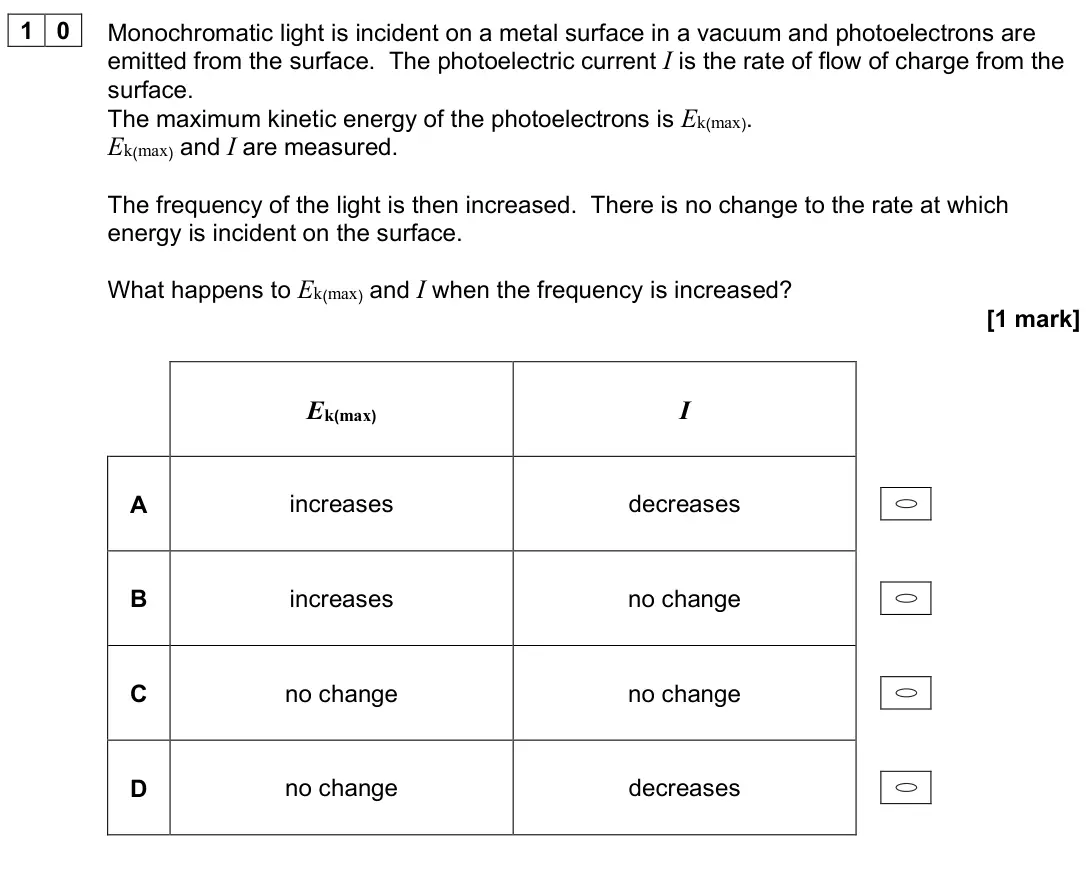 June 2024 Paper 1, question 10: Monochromatic light is incident on a metal surface in a vacuum and photoelectrons are emitted from the surface. The photoelectric current I is the rate of flow