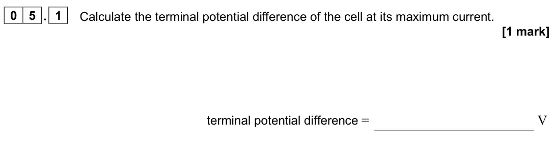 June 2025 Paper 1, question 05.1: Calculate the terminal potential difference of the cell at its maximum current. [1 mark] terminal potential difference = V