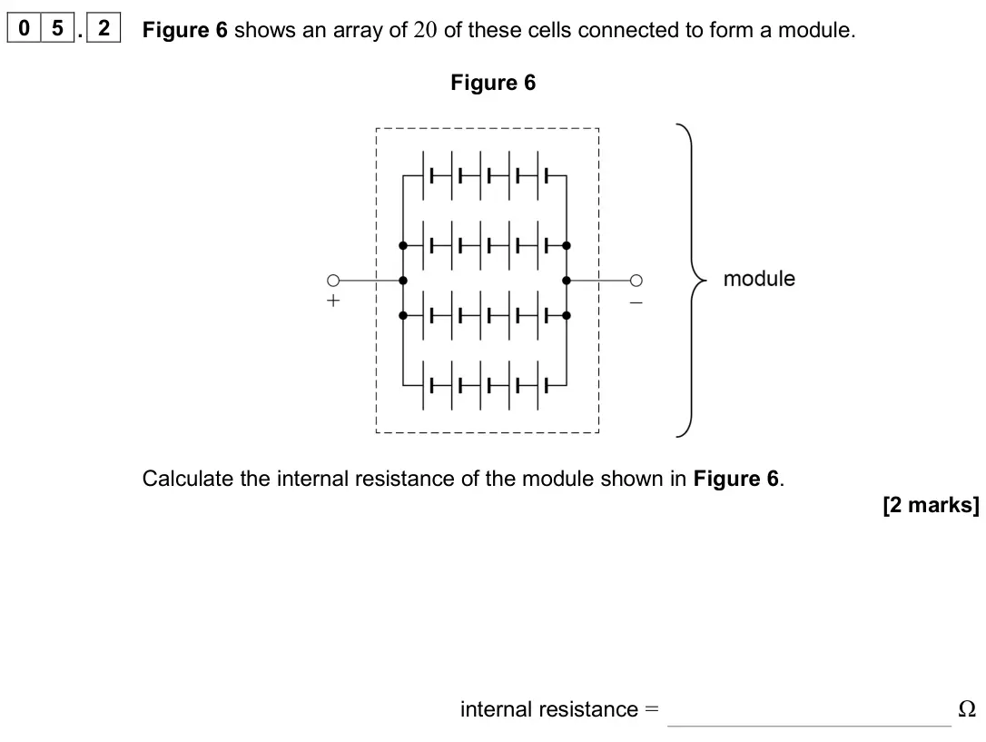 June 2025 Paper 1, question 05.2: Figure 6 shows an array of 20 of these cells connected to form a module. Figure 6 Calculate the internal resistance of the module shown in Figure 6. [2 marks] i
