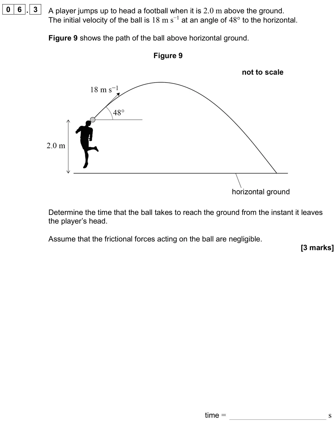 June 2025 Paper 1, question 06.3: A player jumps up to head a football when it is 2.0 m above the ground. The initial velocity of the ball is 18 m s−1 at an angle of 48° to the horizontal. Figur