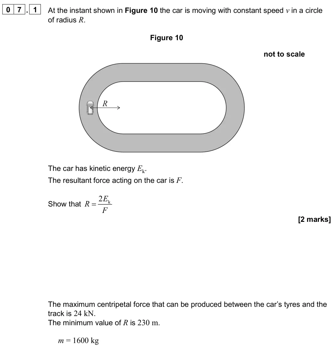 June 2025 Paper 1, question 07.1: At the instant shown in Figure 10 the car is moving with constant speed v in a circle of radius R. Figure 10 The car has kinetic energy Ek. The resultant force