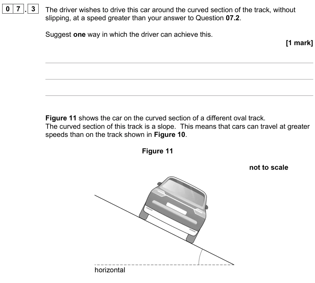 June 2025 Paper 1, question 07.3: The driver wishes to drive this car around the curved section of the track, without slipping, at a speed greater than your answer to Question 07.2. Suggest one