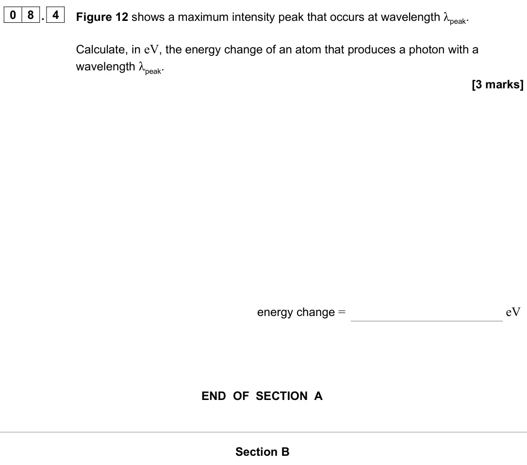 June 2025 Paper 1, question 08.4: Figure 12 shows a maximum intensity peak that occurs at wavelength λpeak. Calculate, in eV, the energy change of an atom that produces a photon with a wavelengt