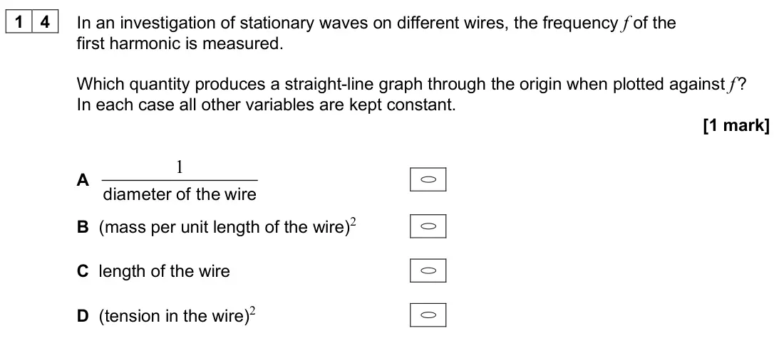 June 2025 Paper 1, question 14: In an investigation of stationary waves on different wires, the frequency f of the first harmonic is measured. Which quantity produces a straight-line graph thr