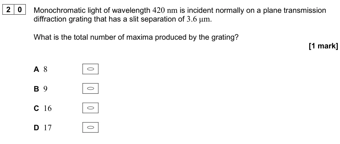 June 2025 Paper 1, question 20: Monochromatic light of wavelength 420 nm is incident normally on a plane transmission diffraction grating that has a slit separation of 3.6 μm. What is the tota