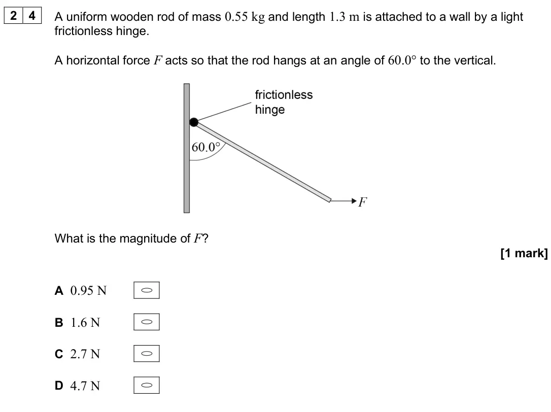June 2025 Paper 1, question 24: A uniform wooden rod of mass 0.55 kg and length 1.3 m is attached to a wall by a light frictionless hinge. A horizontal force F acts so that the rod hangs at an