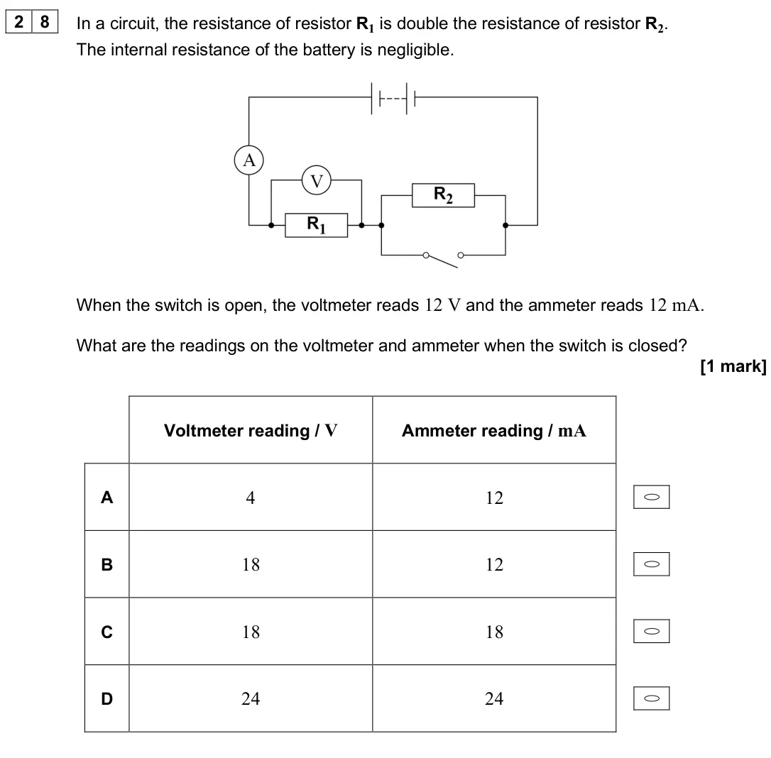 June 2025 Paper 1, question 28: In a circuit, the resistance of resistor R1 is double the resistance of resistor R2. The internal resistance of the battery is negligible. When the switch is op