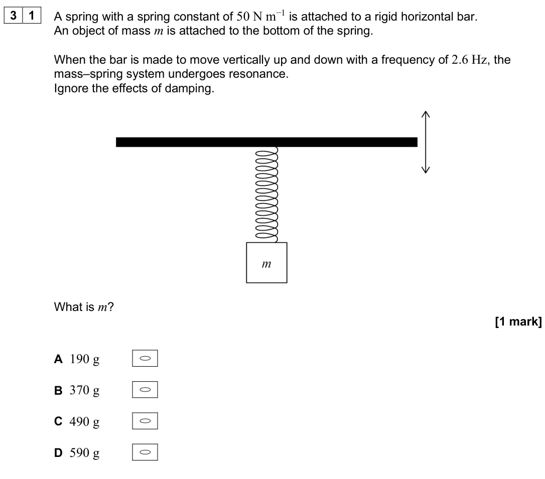 June 2025 Paper 1, question 31: A spring with a spring constant of 50 N m−1 is attached to a rigid horizontal bar. An object of mass m is attached to the bottom of the spring. When the bar is