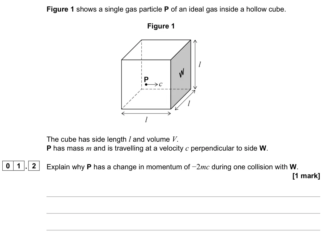 June 2023 Paper 2, question 01.2: Explain why P has a change in momentum of −2mc during one collision with W. [1 mark]