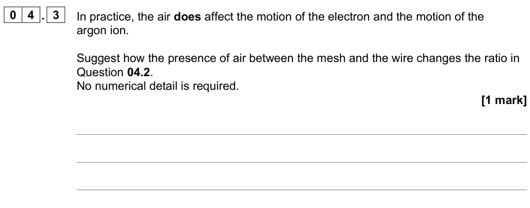 June 2023 Paper 2, question 04.3: In practice, the air does affect the motion of the electron and the motion of the argon ion. Suggest how the presence of air between the mesh and the wire chang