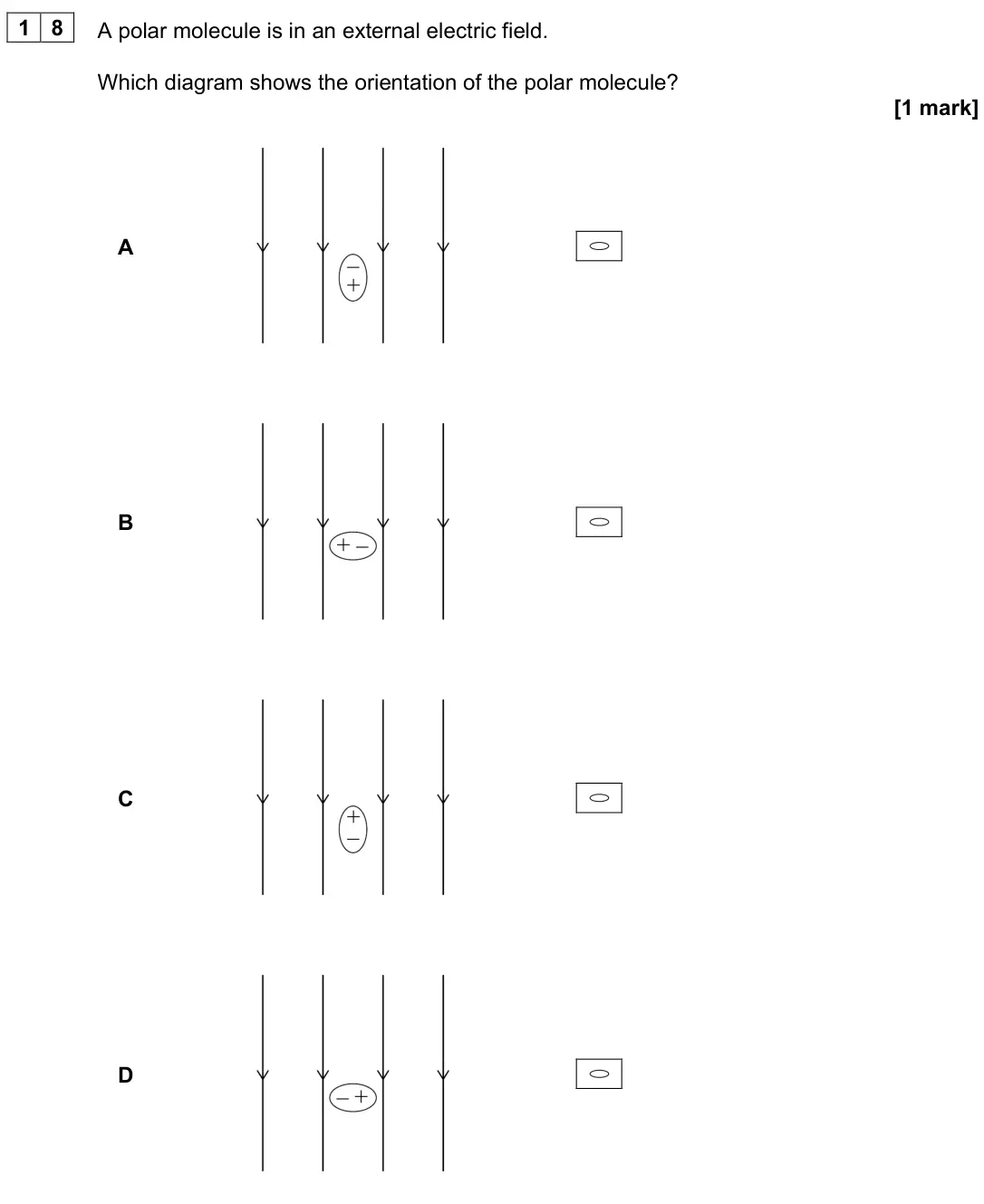 June 2023 Paper 2, question 18: A polar molecule is in an external electric field. Which diagram shows the orientation of the polar molecule? [1 mark] A B C D