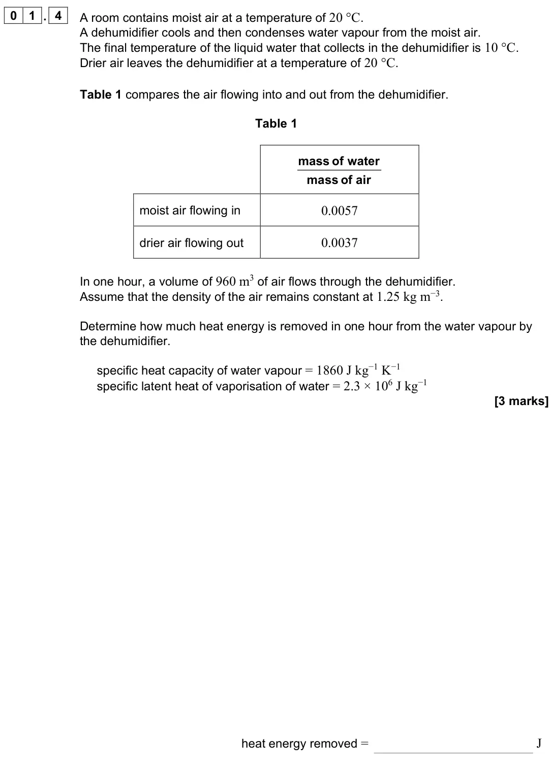 June 2024 Paper 2, question 01.4: A room contains moist air at a temperature of 20 °C. A dehumidifier cools and then condenses water vapour from the moist air. The final temperature of the liqui