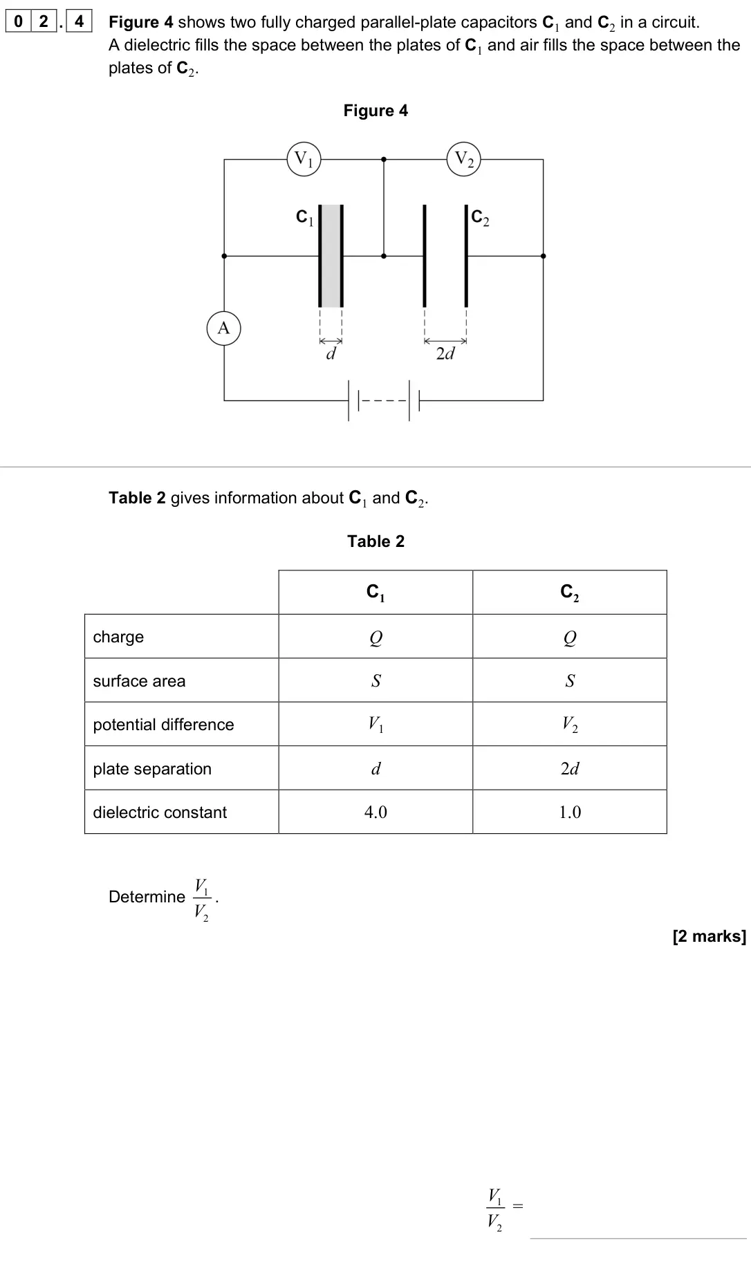 June 2024 Paper 2, question 02.4: Figure 4 shows two fully charged parallel-plate capacitors C1 and C2 in a circuit. A dielectric fills the space between the plates of C1 and air fills the space