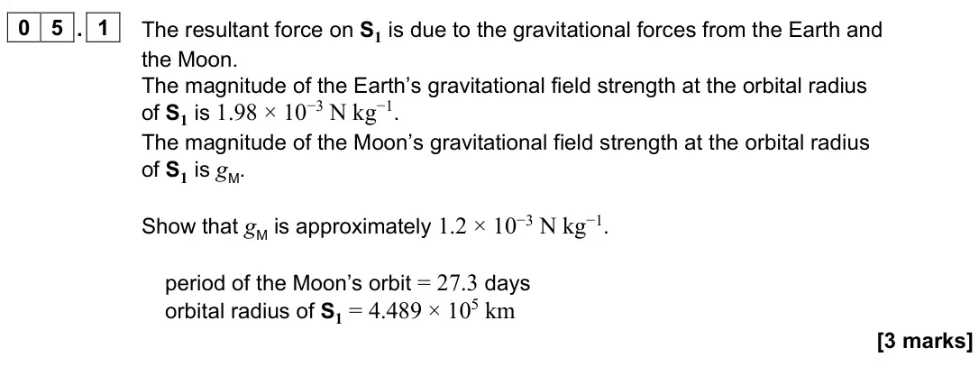 June 2024 Paper 2, question 05.1: The resultant force on S1 is due to the gravitational forces from the Earth and the Moon. The magnitude of the Earth’s gravitational field strength at the orbit