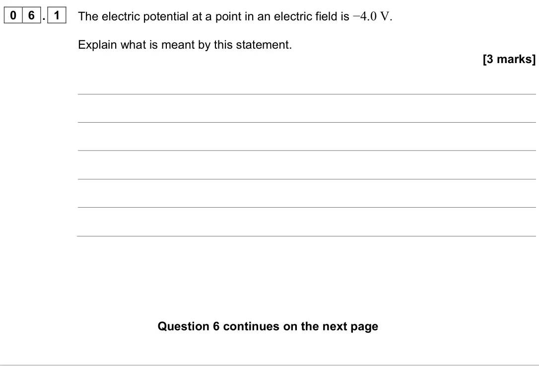 June 2024 Paper 2, question 06.1: The electric potential at a point in an electric field is −4.0 V. Explain what is meant by this statement. [3 marks]